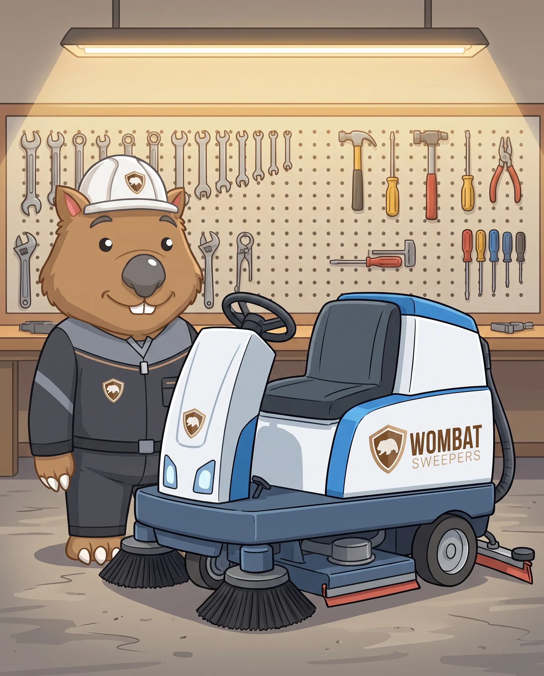 Wombat Sweepers mascot stands proudly beside a ride-on floor scrubber in the depot workshop, tools on the wall