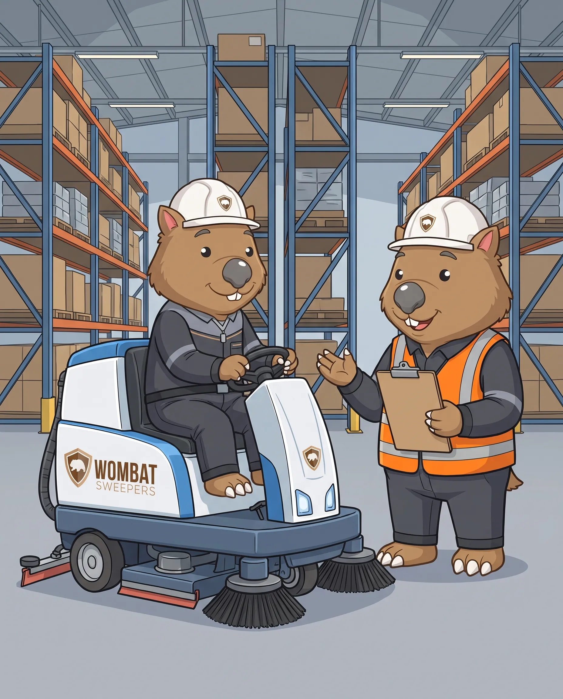 Wombat Sweepers mascot listens to a site supervisor wombat with a clipboard while seated on a ride-on floor scrubber — a site induction