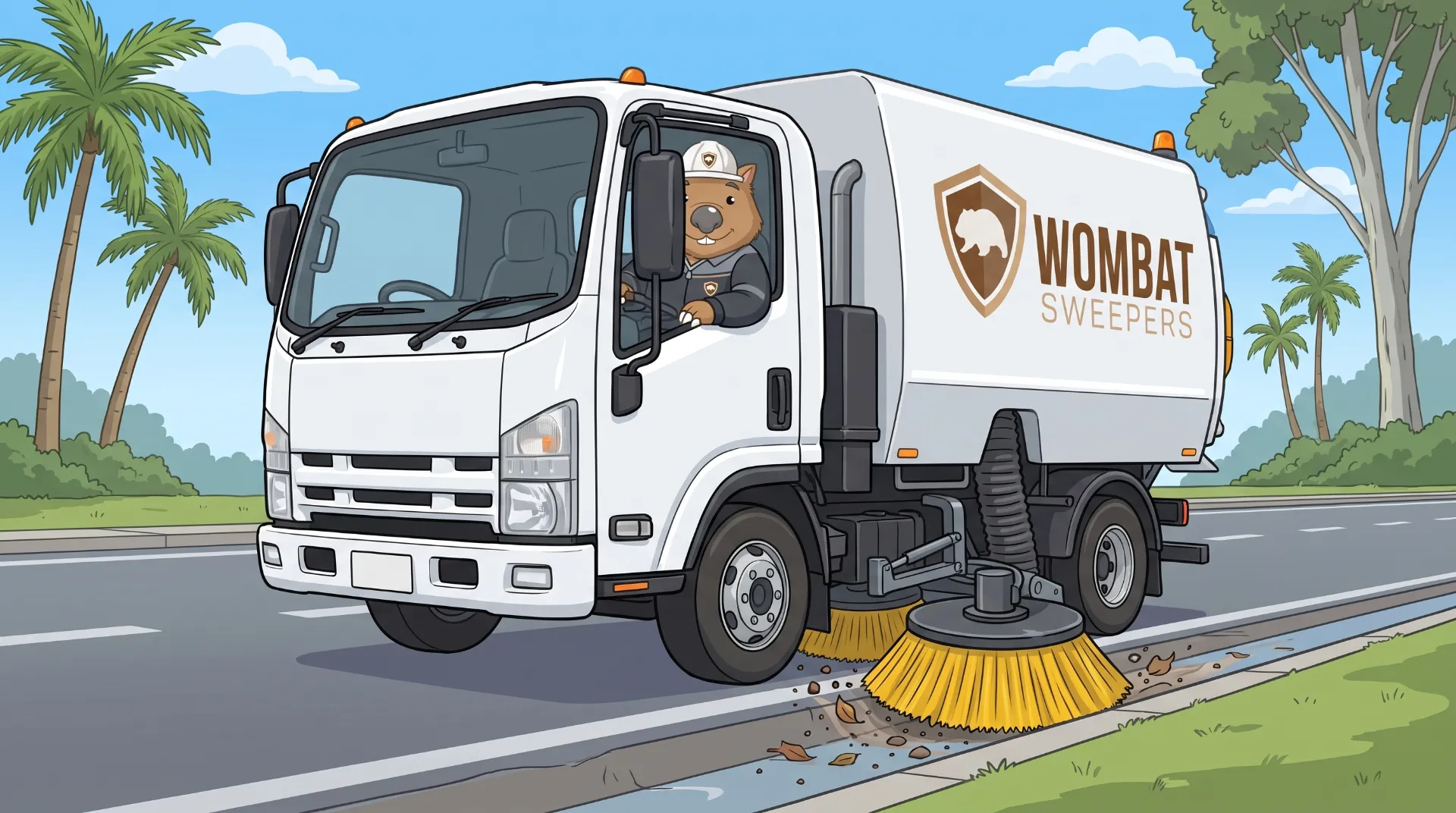 Wombat Sweepers mascot drives a branded street sweeper truck working a kerb and channel