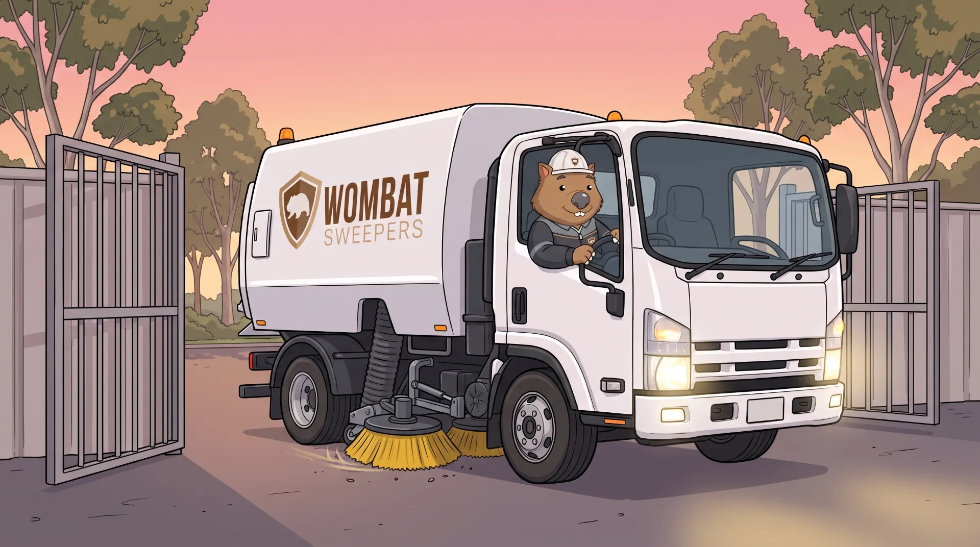 Wombat Sweepers mascot drives a branded street sweeper truck out of the depot at dawn