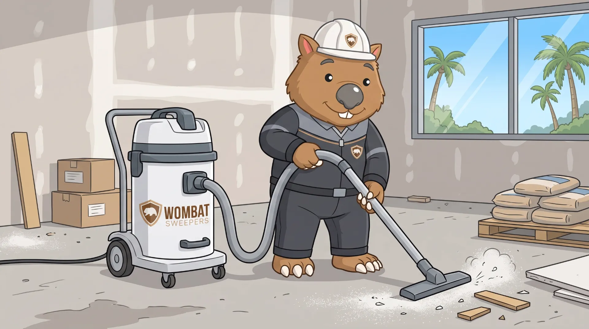 Wombat Sweepers mascot using an industrial vacuum to clean construction dust on a commercial fit-out