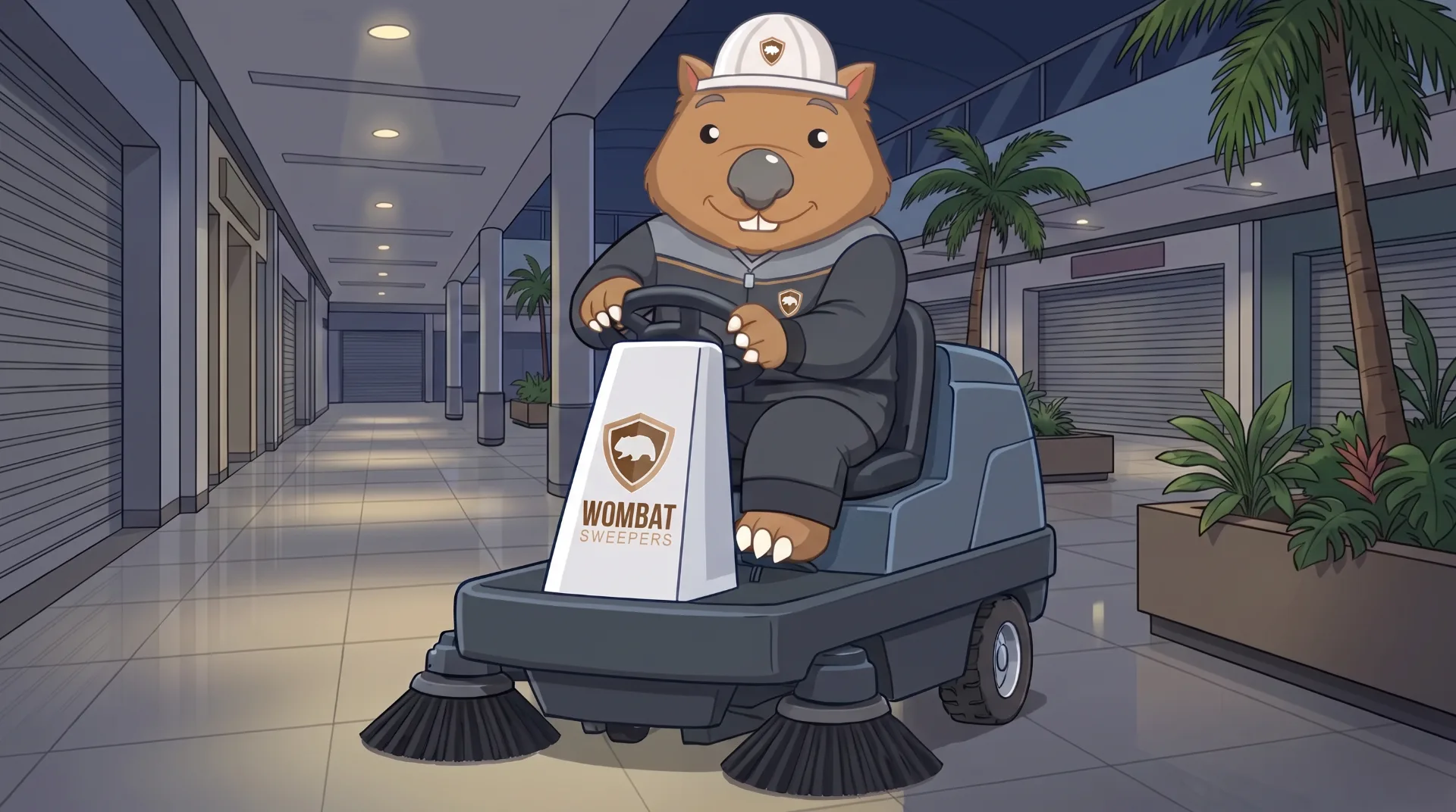 Wombat Sweepers mascot drives a ride-on sweeper through an empty shopping centre mall at night, shutters down, cleaning before opening