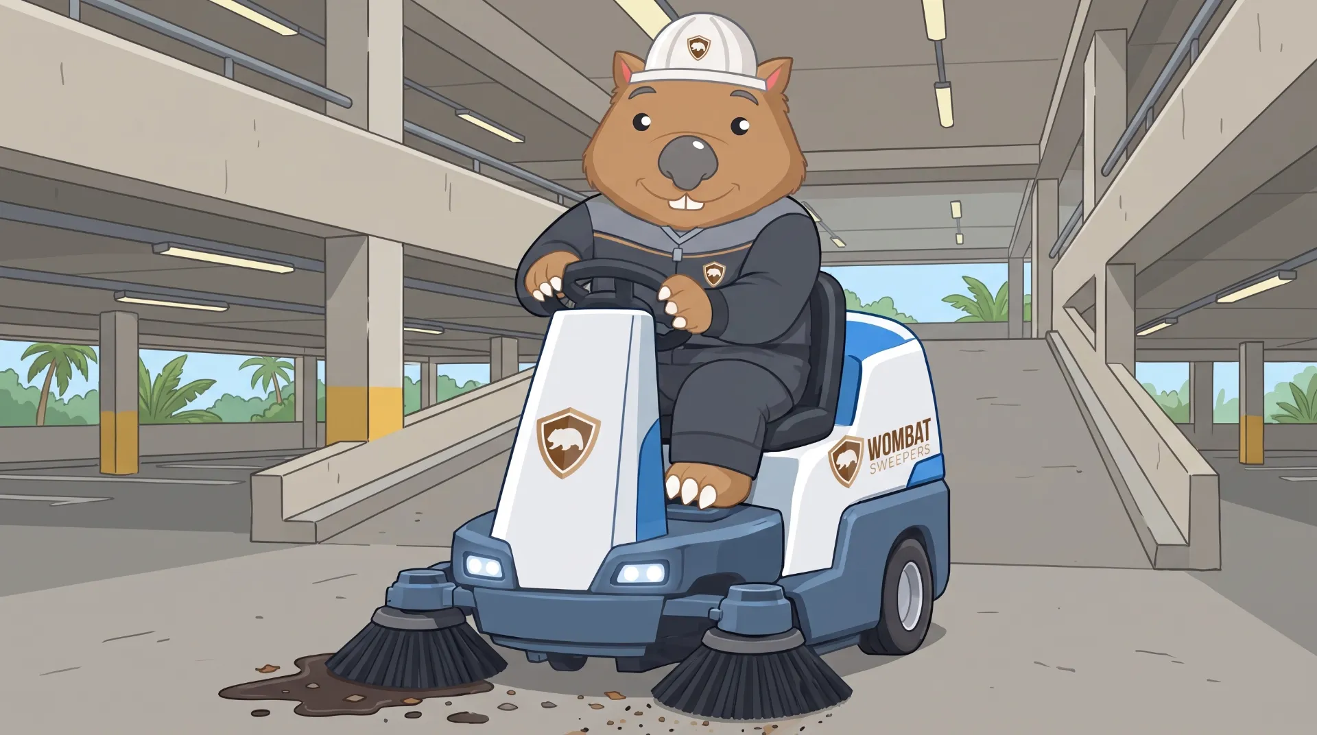 Wombat Sweepers mascot drives a ride-on sweeper through a multi-level car park, side brooms clearing grit