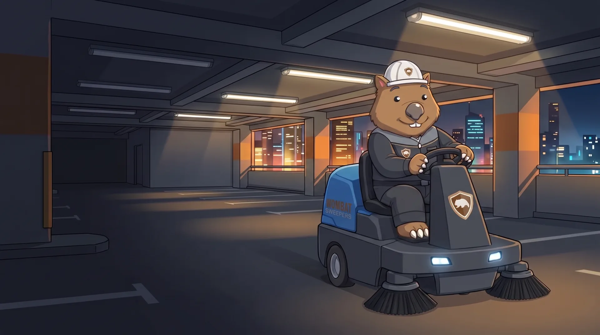 Wombat Sweepers mascot drives a ride-on sweeper across the rooftop level of a multi-deck car park at sunset, city lights coming on