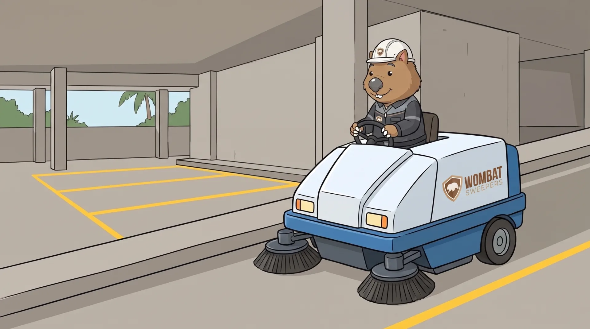 Wombat Sweepers mascot drives a ride-on sweeper up a ramp of a multi-level concrete car park with yellow bay lines