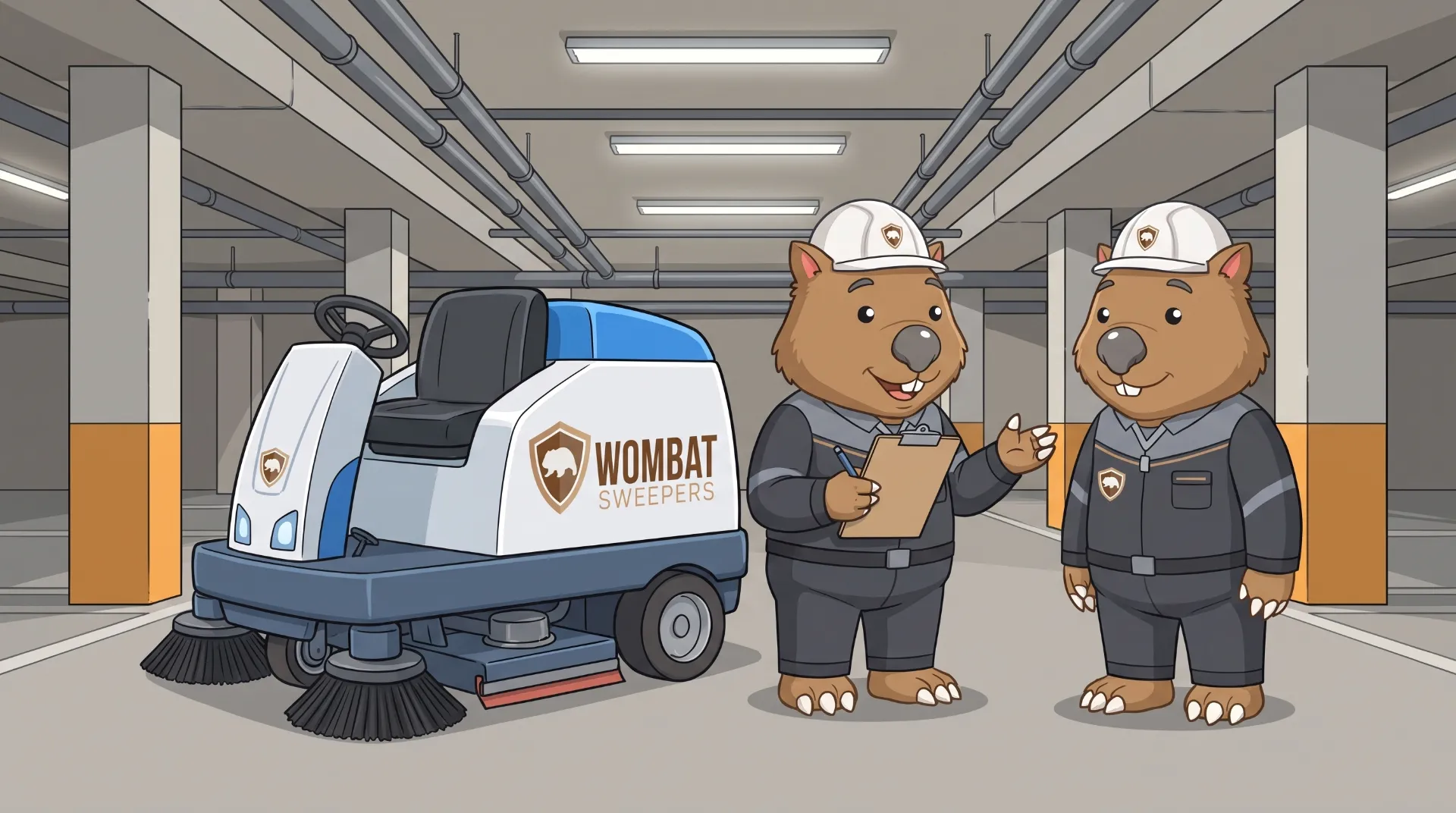 Wombat Sweepers mascot and a second identical wombat crew member chat beside their machine, one holding a clipboard