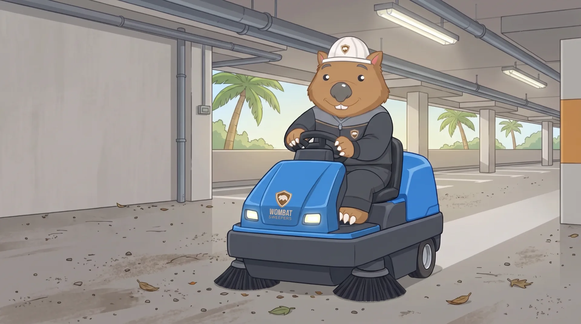 Wombat Sweepers mascot drives a ride-on sweeper through a multi-level commercial car park, sweeping a clean stripe through grit