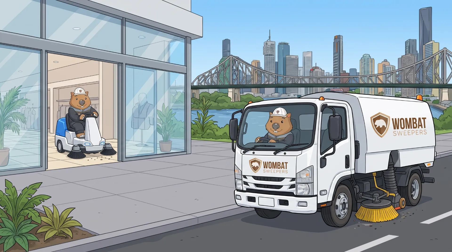 Two Wombat Sweepers crew members work a Brisbane commercial site, one in a street sweeper truck and one on a ride-on sweeper