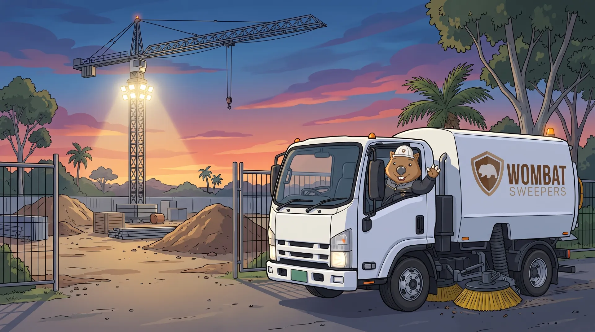 Wombat Sweepers mascot waves from a branded street sweeper truck at a construction site gate at dusk, crane lights glowing