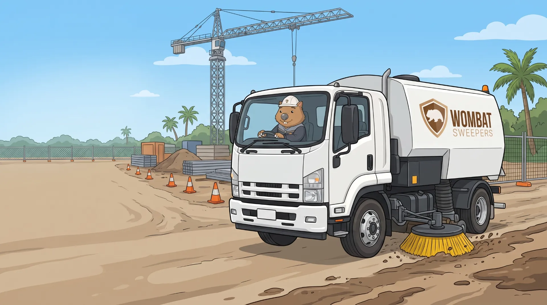Wombat Sweepers mascot drives a branded street sweeper truck sweeping mud and dirt off the site access road of a busy construction site with a tower crane, cones and fencing