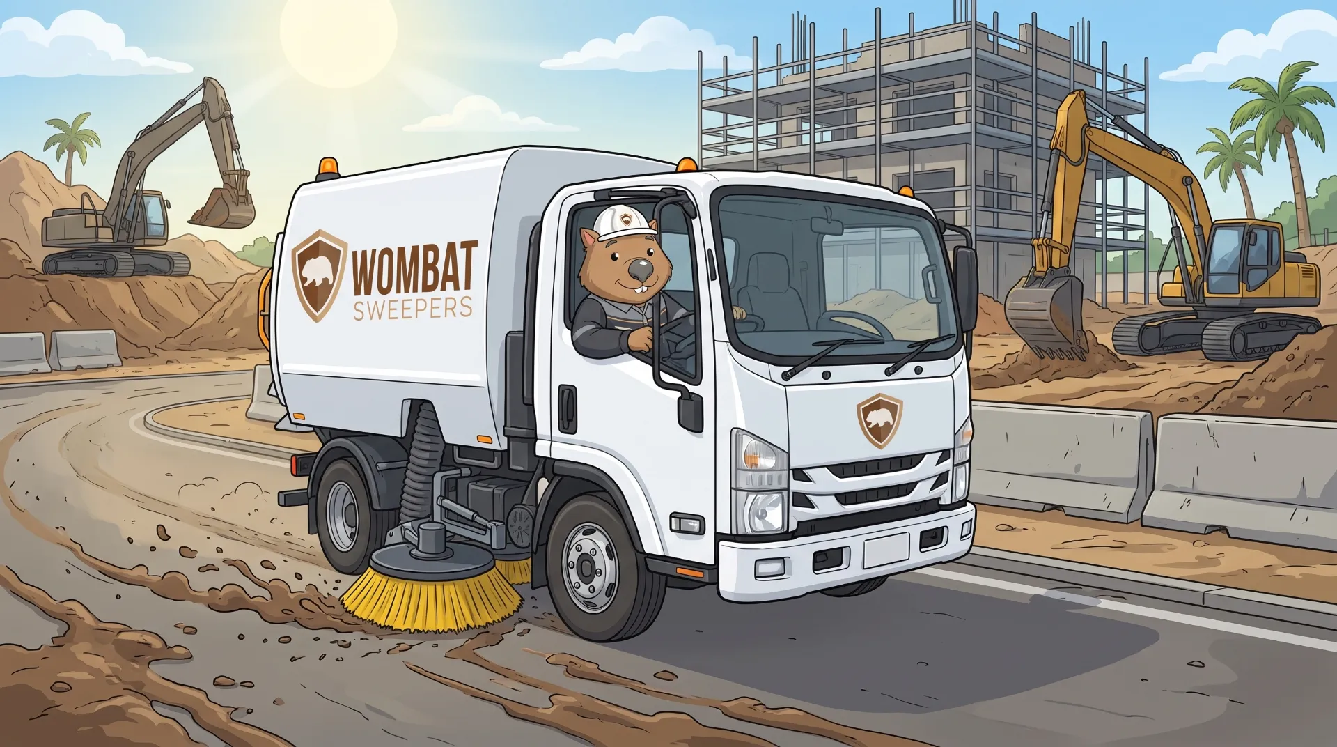 Wombat Sweepers mascot drives a street sweeper truck clearing mud tracked onto a road beside a construction site with excavators