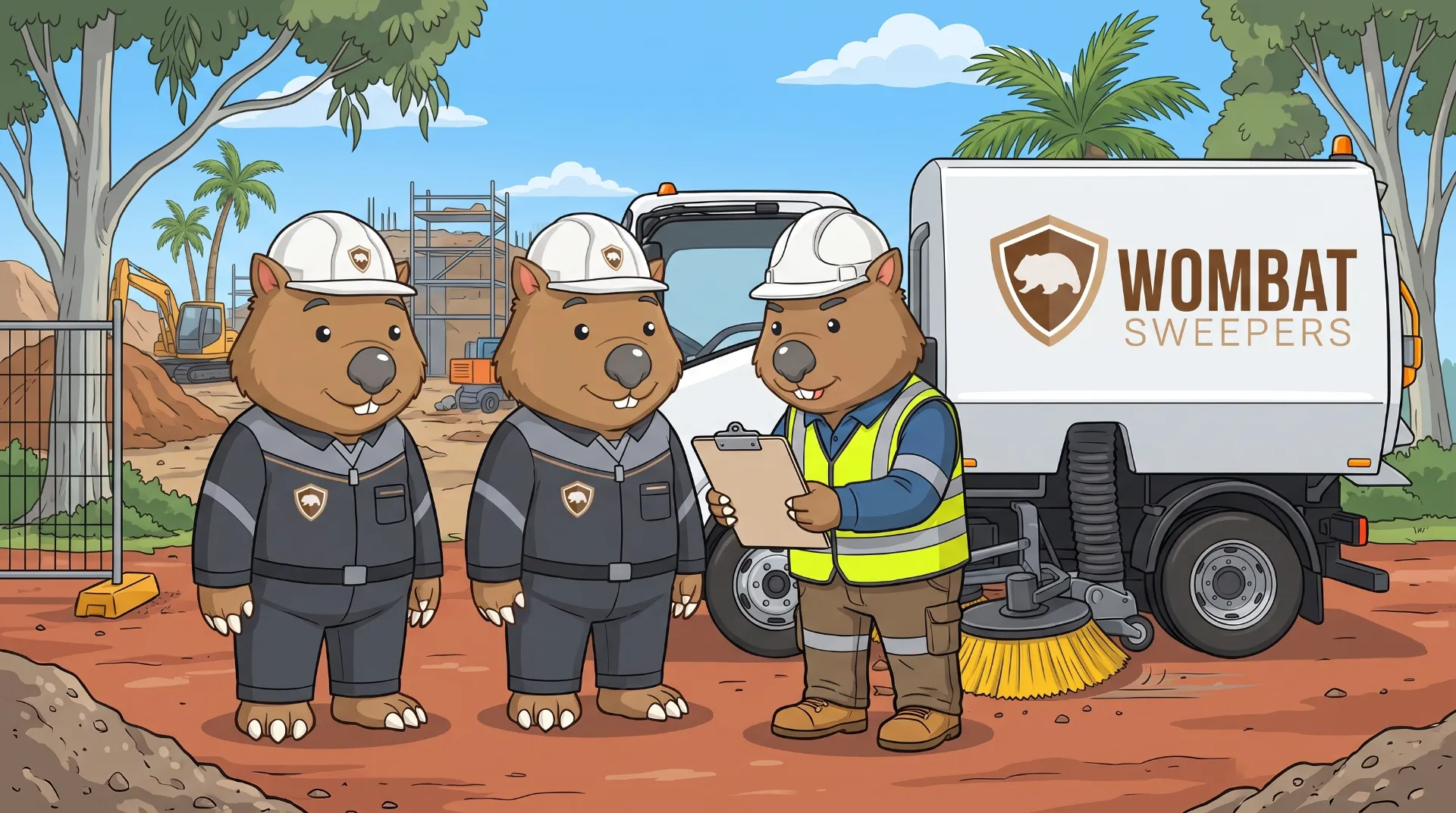 Wombat Sweepers mascot and a second identical wombat crew member chat beside their machine, one holding a clipboard