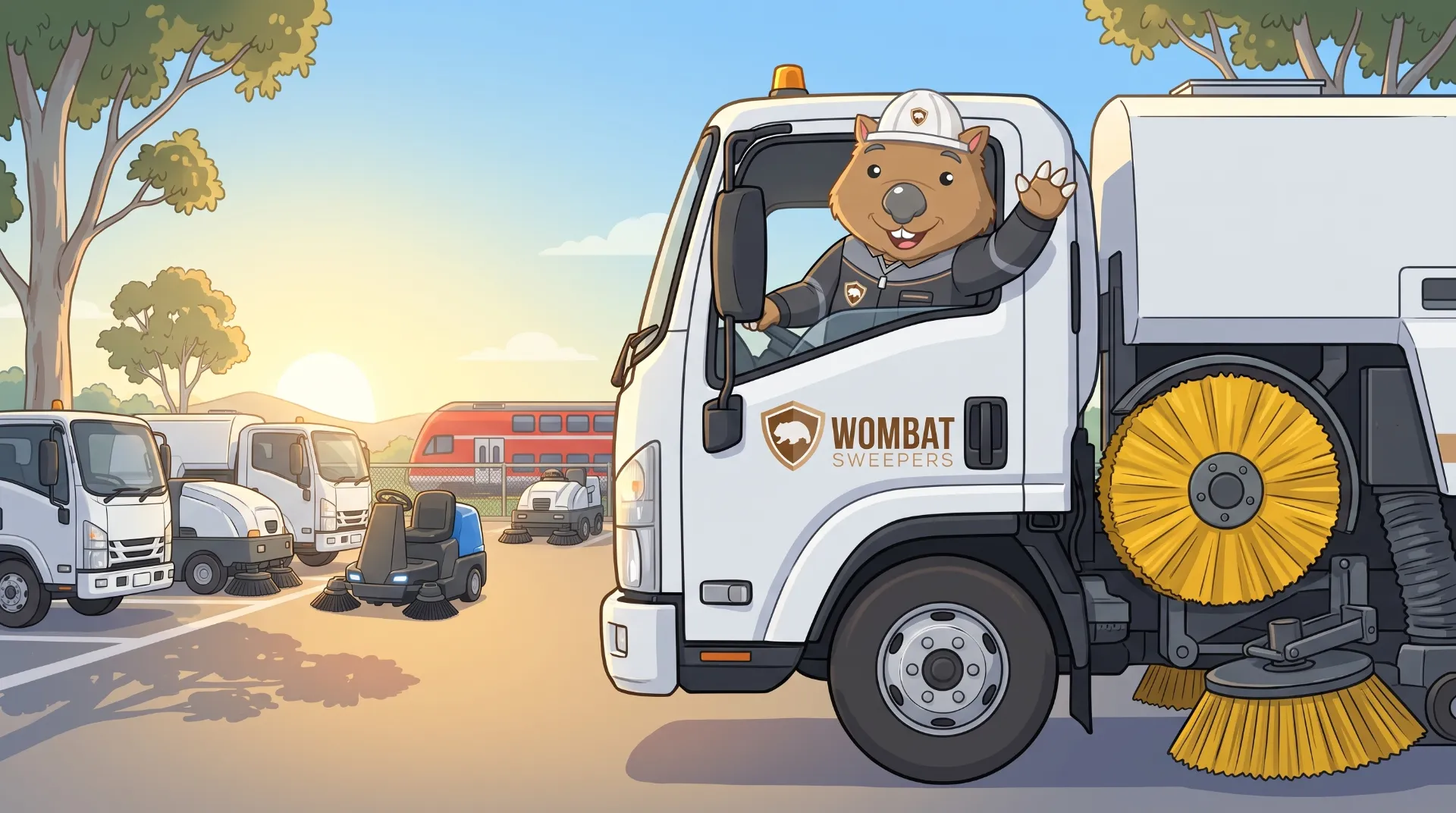 Wombat Sweepers mascot waves from the cab of a branded street sweeper truck leaving a tidy depot yard of parked sweepers, scrubbers and pressure-washer trailers at morning