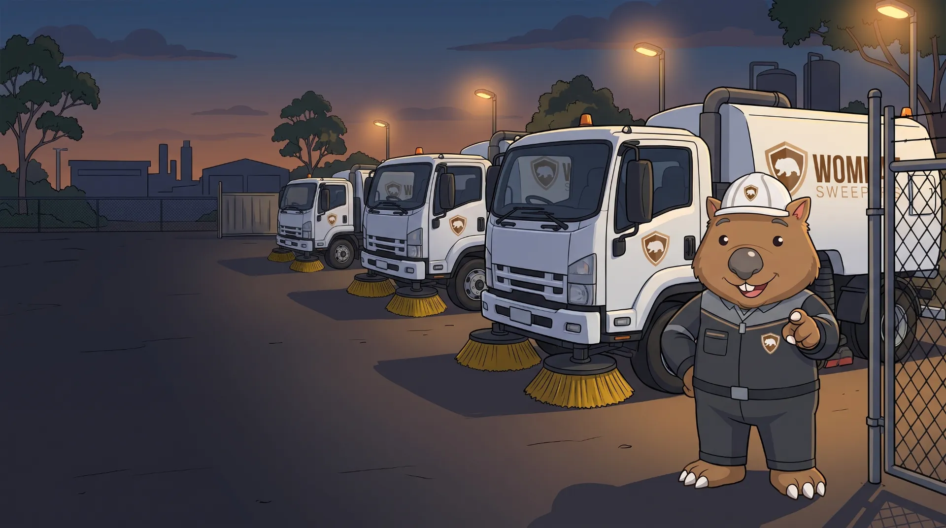 Wombat Sweepers mascot stands at the depot gate at dusk pointing toward the viewer with a friendly smile, sweeper trucks parked behind