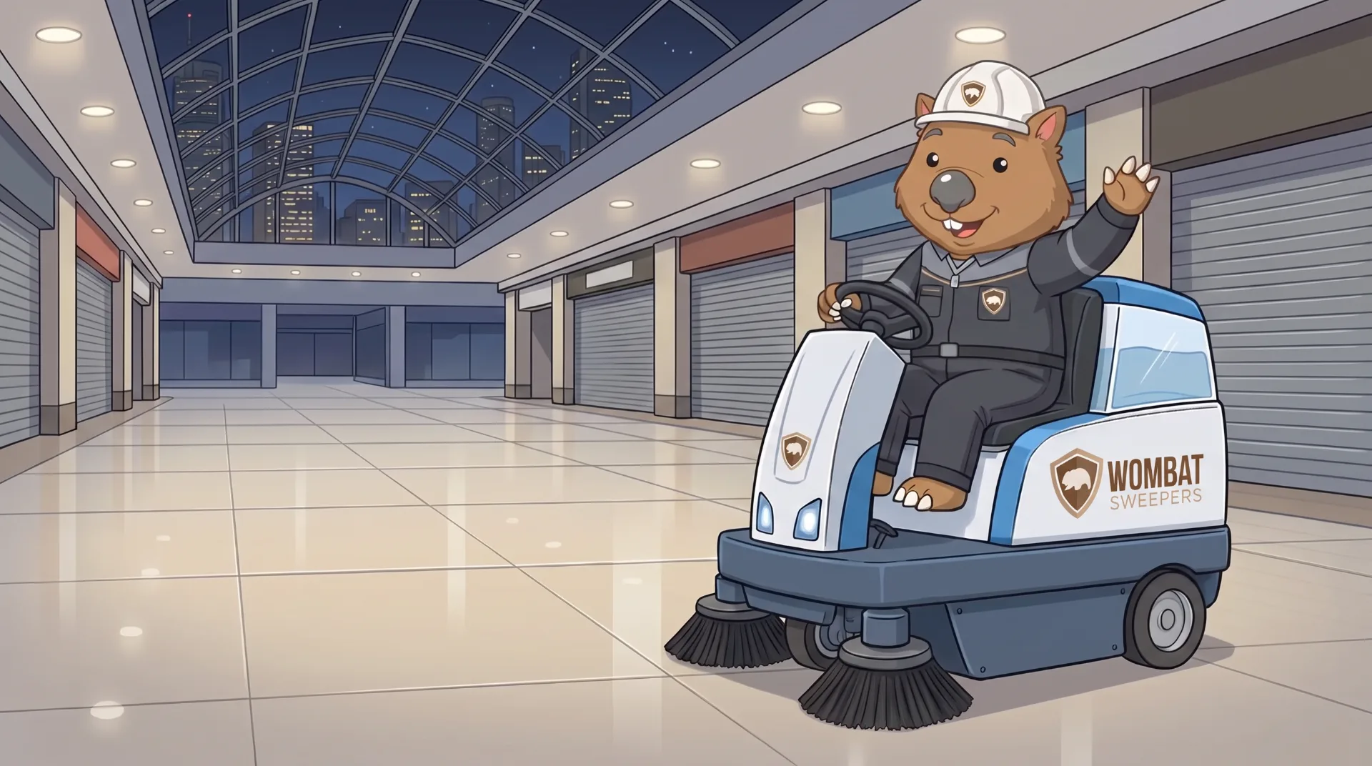 Wombat Sweepers mascot waves from a ride-on sweeper under car-park floodlights at night in Brisbane, the swept bays gleaming