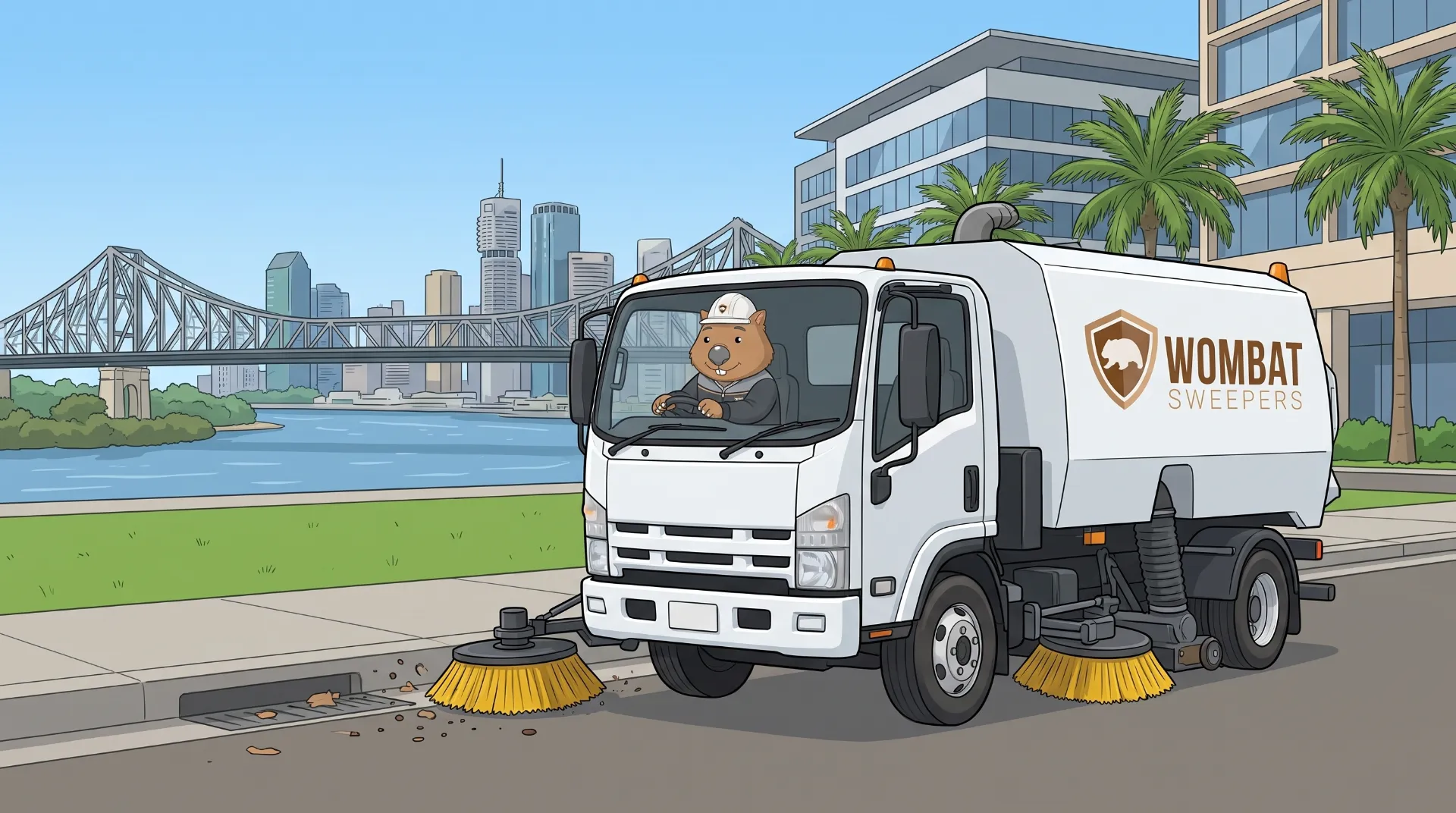 Wombat Sweepers mascot drives a ride-on sweeper, sweeping litter and grit along a business-park car park and commercial kerb in Brisbane
