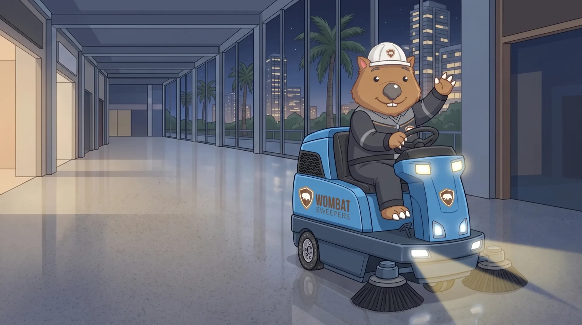 Wombat Sweepers mascot waves from a ride-on sweeper under car-park floodlights at night on the Gold Coast, the swept bays gleaming