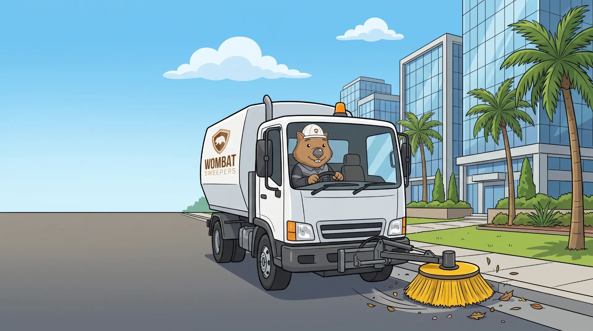 Wombat Sweepers mascot drives a ride-on sweeper, sweeping litter and grit along a resort-precinct car park on the Gold Coast