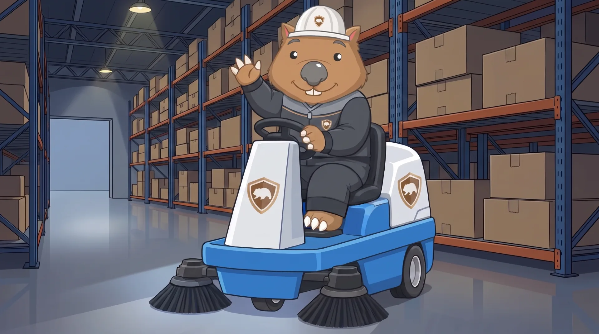 Wombat Sweepers mascot waves from a ride-on sweeper under car-park floodlights at night in Ipswich, the swept bays gleaming
