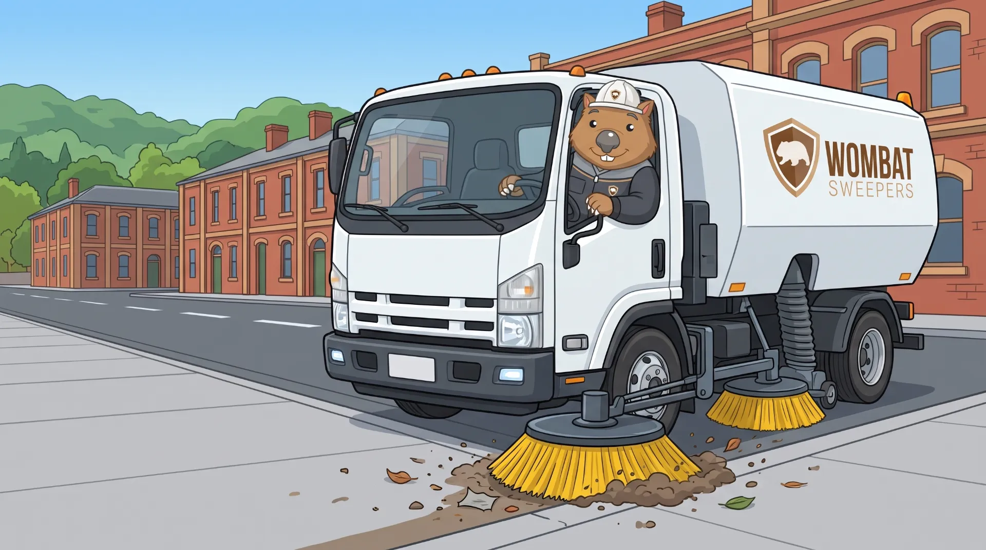 Wombat Sweepers mascot drives a ride-on sweeper, sweeping litter and grit along an industrial estate car park in Ipswich