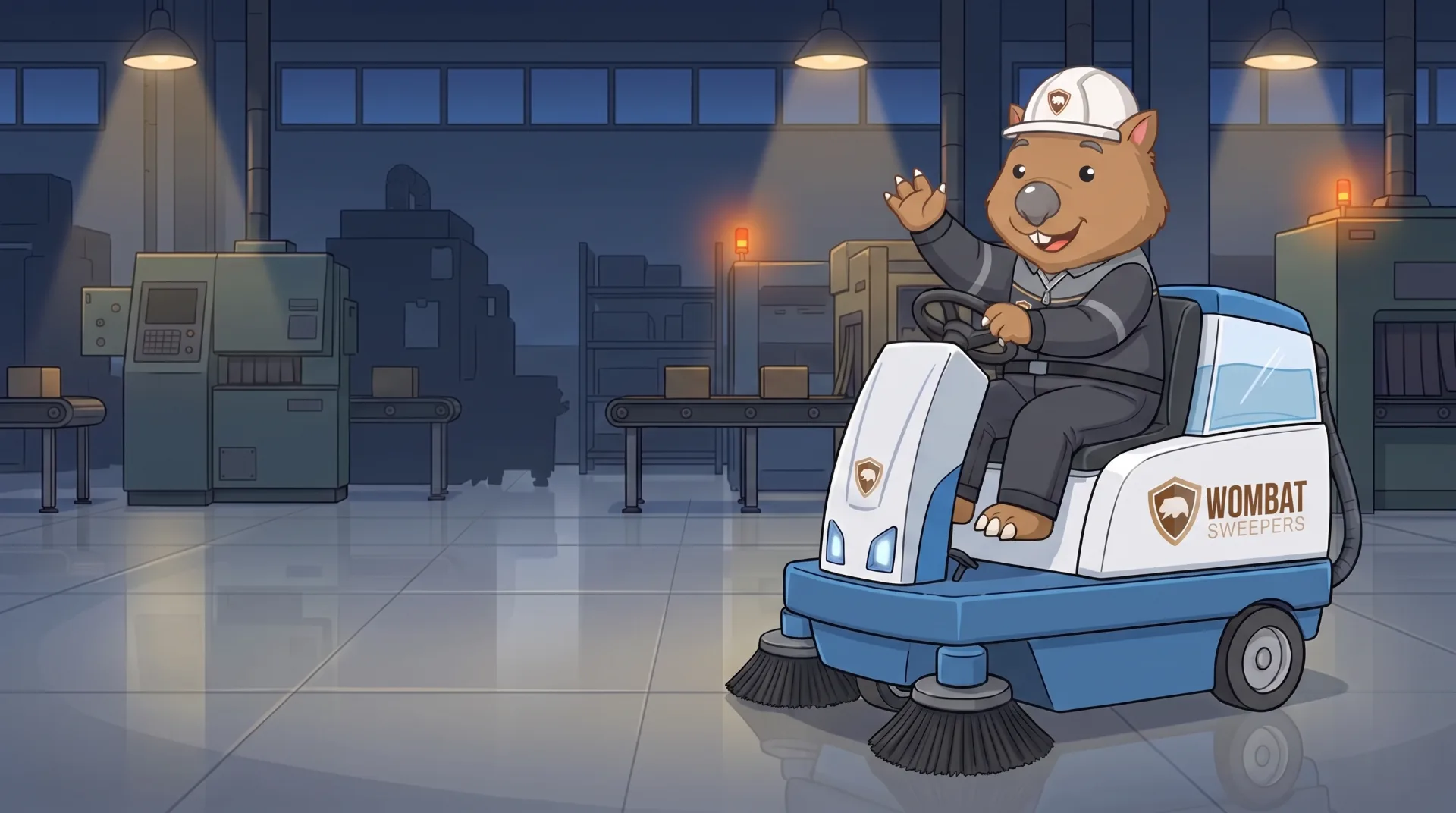 Wombat Sweepers mascot waves from a ride-on sweeper under car-park floodlights at night in Logan, the swept bays gleaming