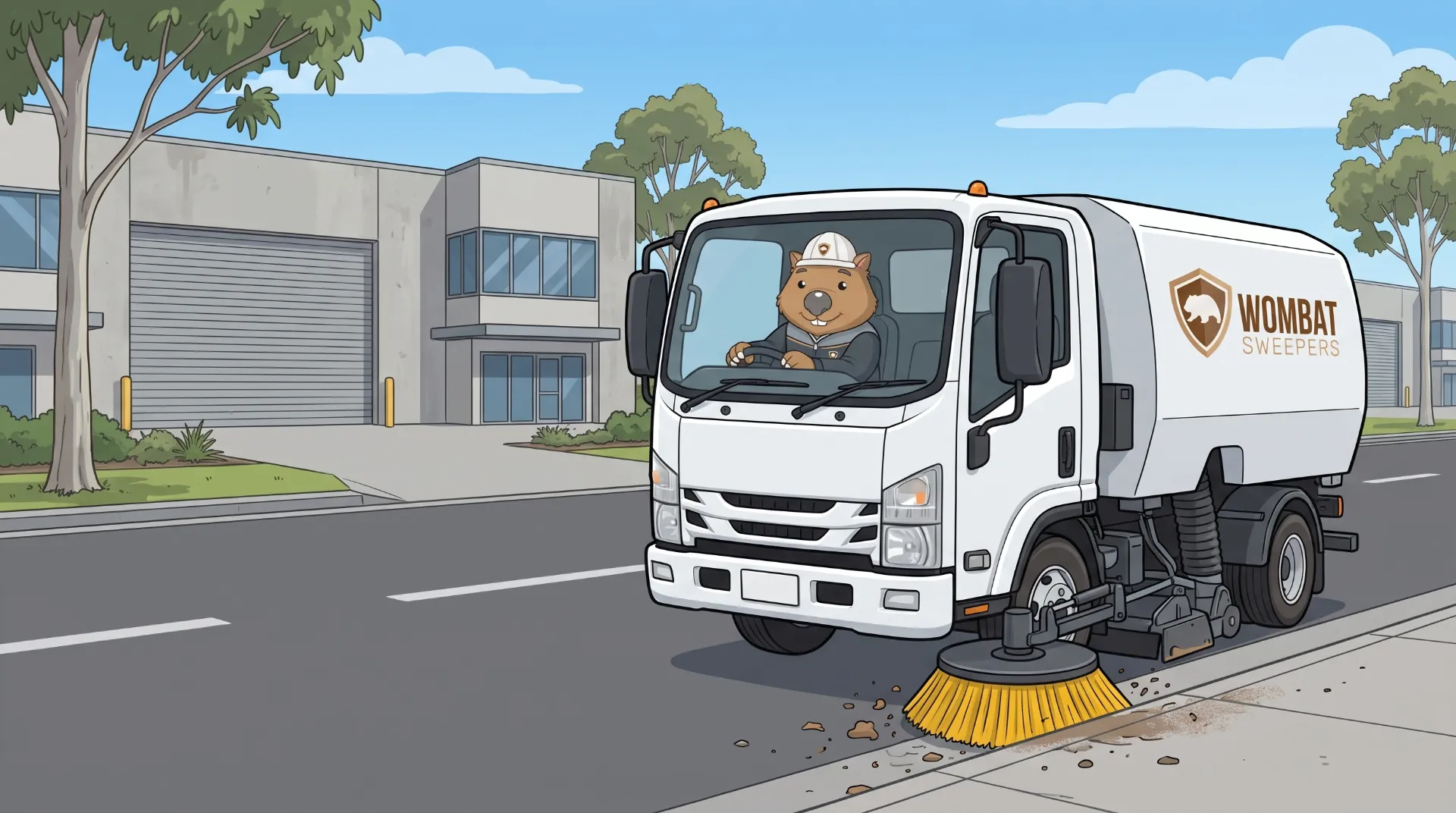 Wombat Sweepers mascot drives a ride-on sweeper, sweeping litter and grit along a factory hardstand and car park in Logan