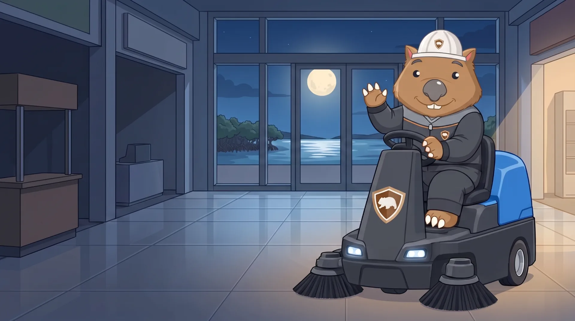 Wombat Sweepers mascot waves from a ride-on sweeper under car-park floodlights at night in the Redlands, the swept bays gleaming