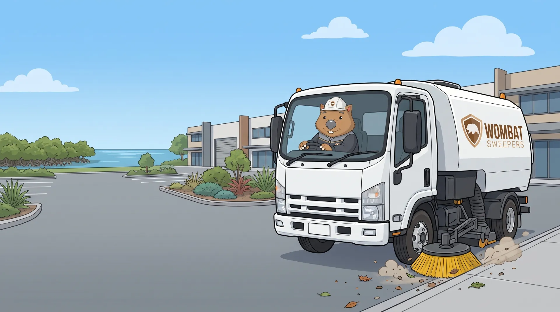 Wombat Sweepers mascot drives a ride-on sweeper, sweeping litter and grit along a bayside shopping village car park in the Redlands