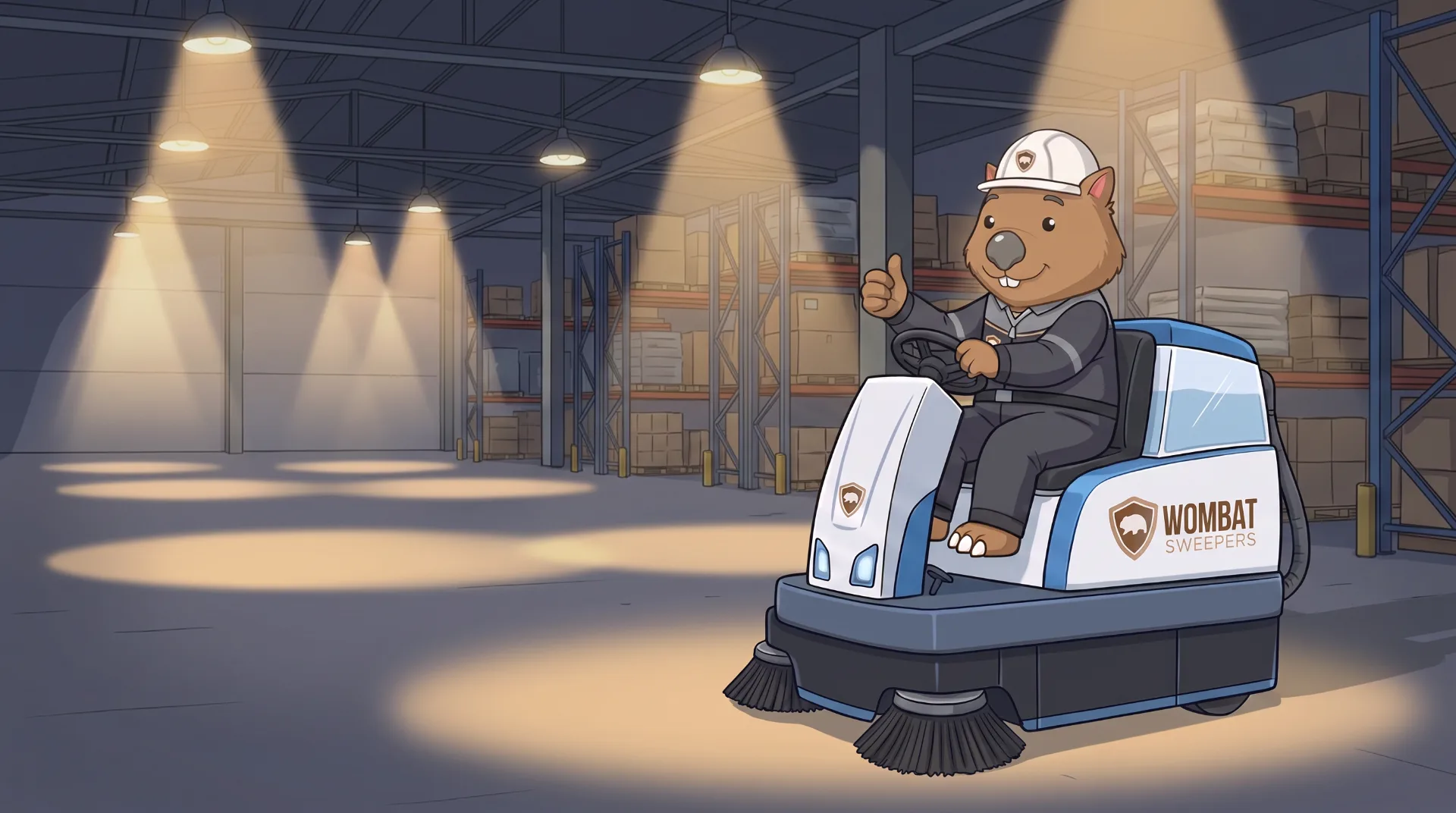 Wombat Sweepers mascot gives a thumbs up from a ride-on sweeper in a lit business-park car park at night