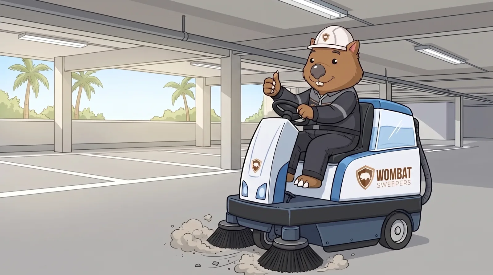 Wombat Sweepers mascot gives a thumbs up while driving a ride-on sweeper with twin side brooms through an undercover car park