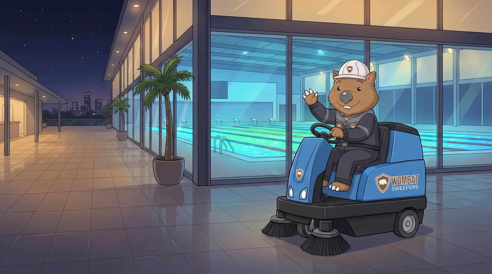 Wombat Sweepers mascot waves from a ride-on sweeper under car-park floodlights at night on the Sunshine Coast, the swept bays gleaming