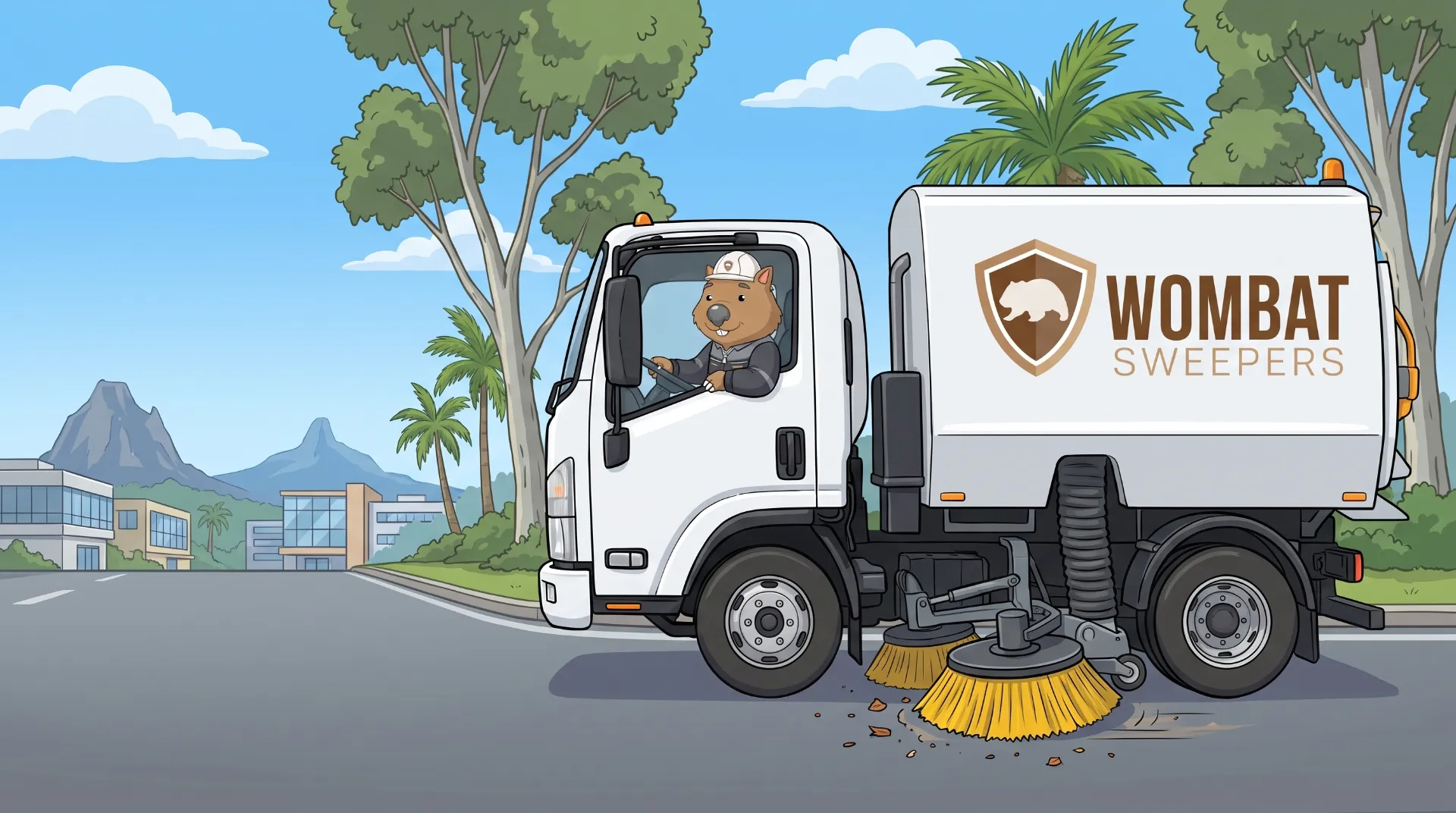Wombat Sweepers mascot drives a ride-on sweeper, sweeping litter and grit along a coastal business-park car park on the Sunshine Coast