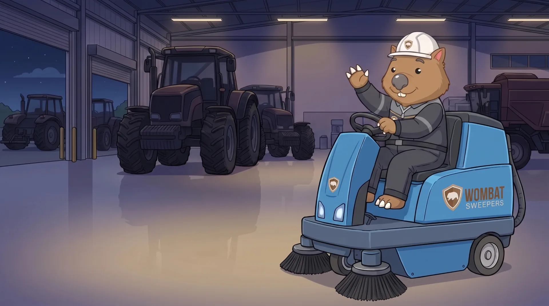Wombat Sweepers mascot waves from a ride-on sweeper under car-park floodlights at night in Toowoomba, the swept bays gleaming