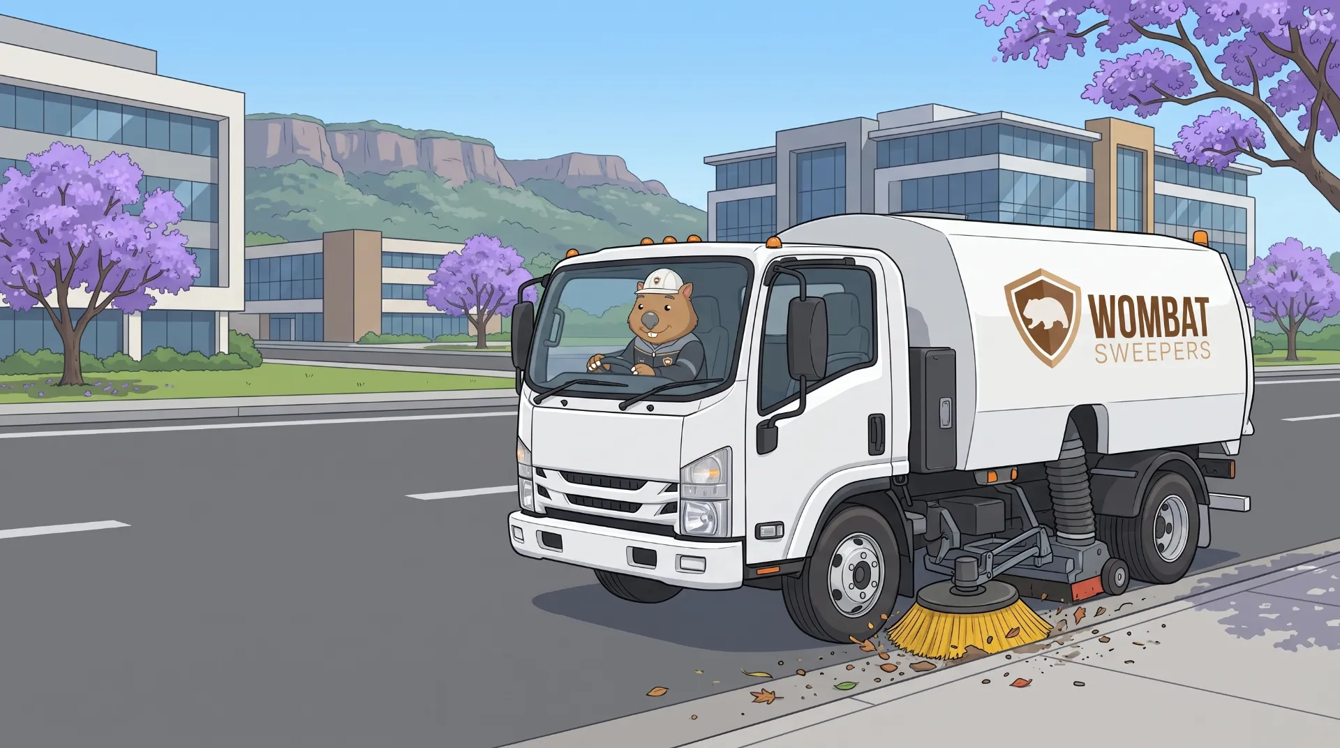 Wombat Sweepers mascot drives a ride-on sweeper, sweeping litter and grit along a regional distribution centre yard in Toowoomba