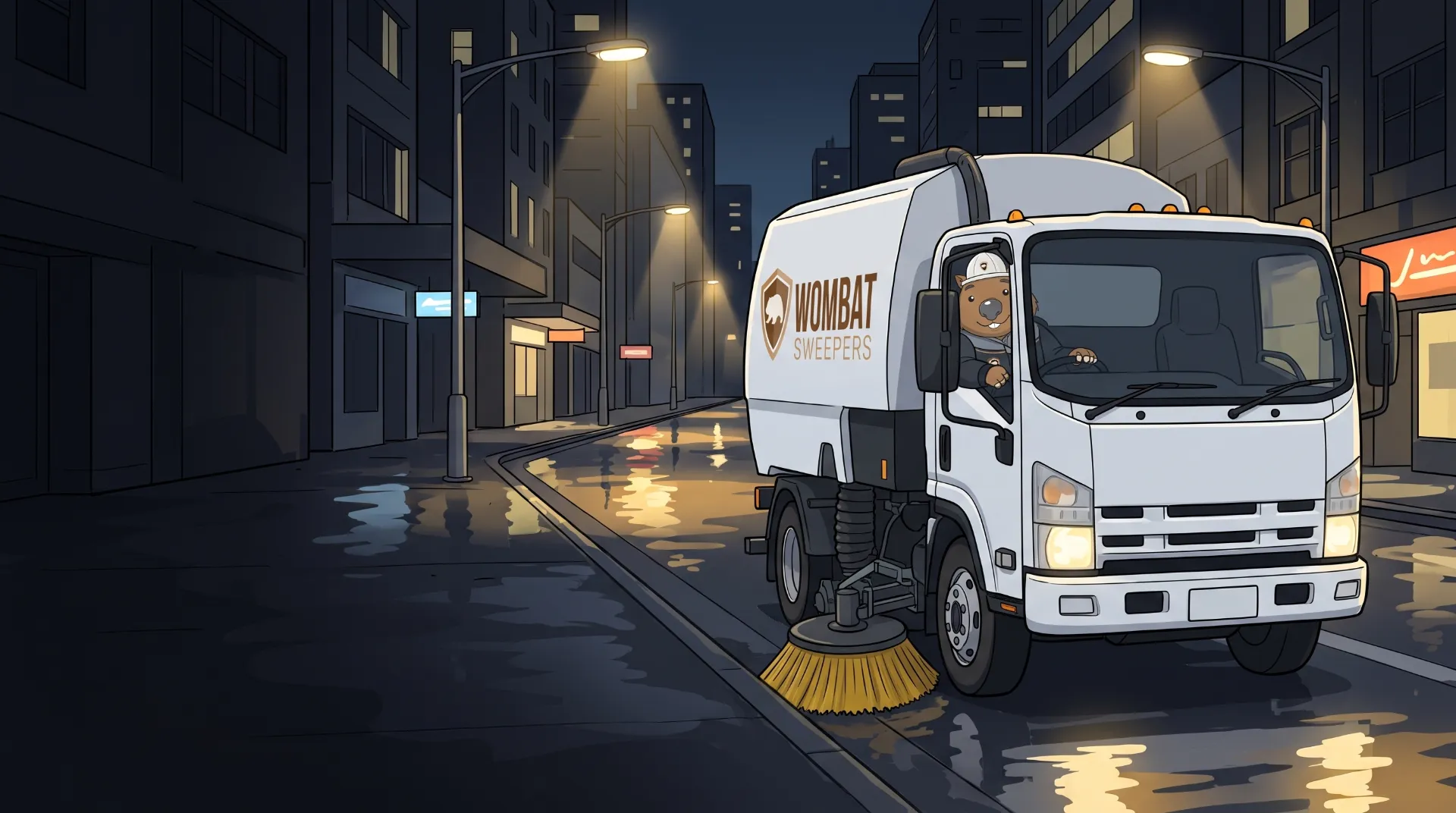 Wombat Sweepers mascot drives a branded street sweeper truck through a quiet CBD precinct at night, street lights reflecting on the wet road