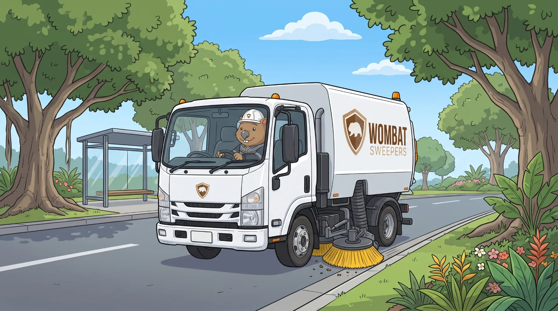 Wombat Sweepers mascot drives a street sweeper truck along a tree-lined council road past a bus shelter