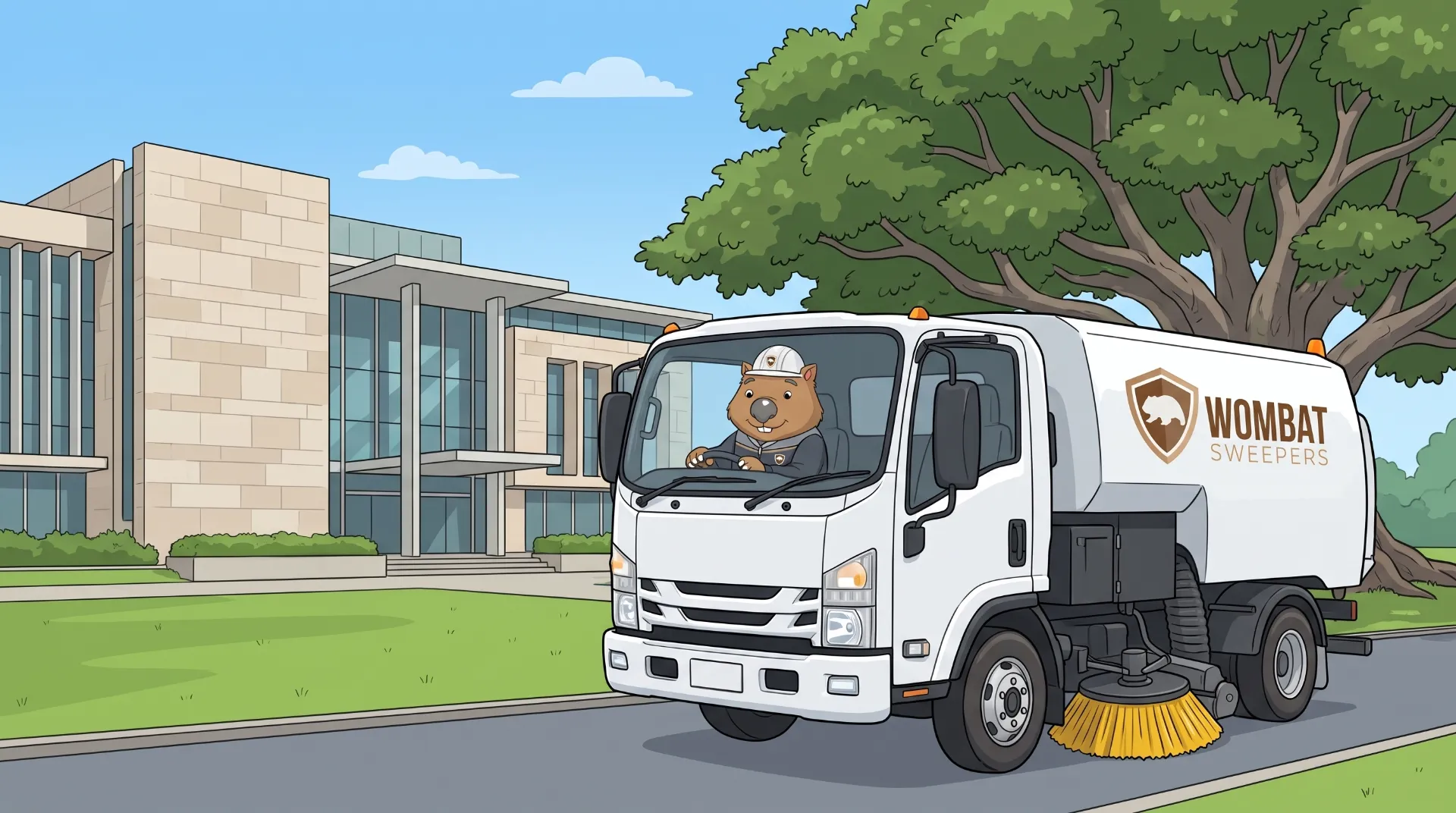 Wombat Sweepers mascot drives a branded street sweeper truck past a modern Queensland council civic building with lawns and a fig tree