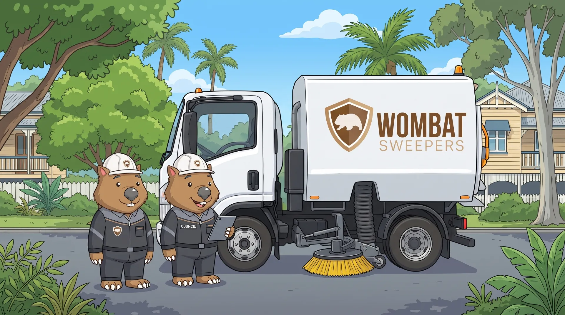 Wombat Sweepers mascot and a second identical wombat crew member chat beside their machine, one holding a clipboard