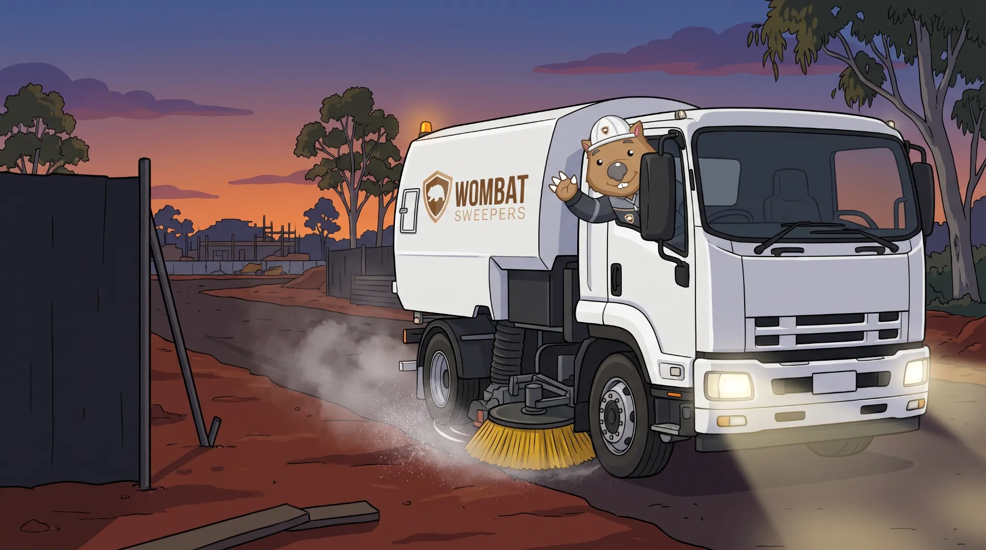 Wombat Sweepers mascot waves from a branded street sweeper truck with water mist glowing in its headlights on a construction site at dusk