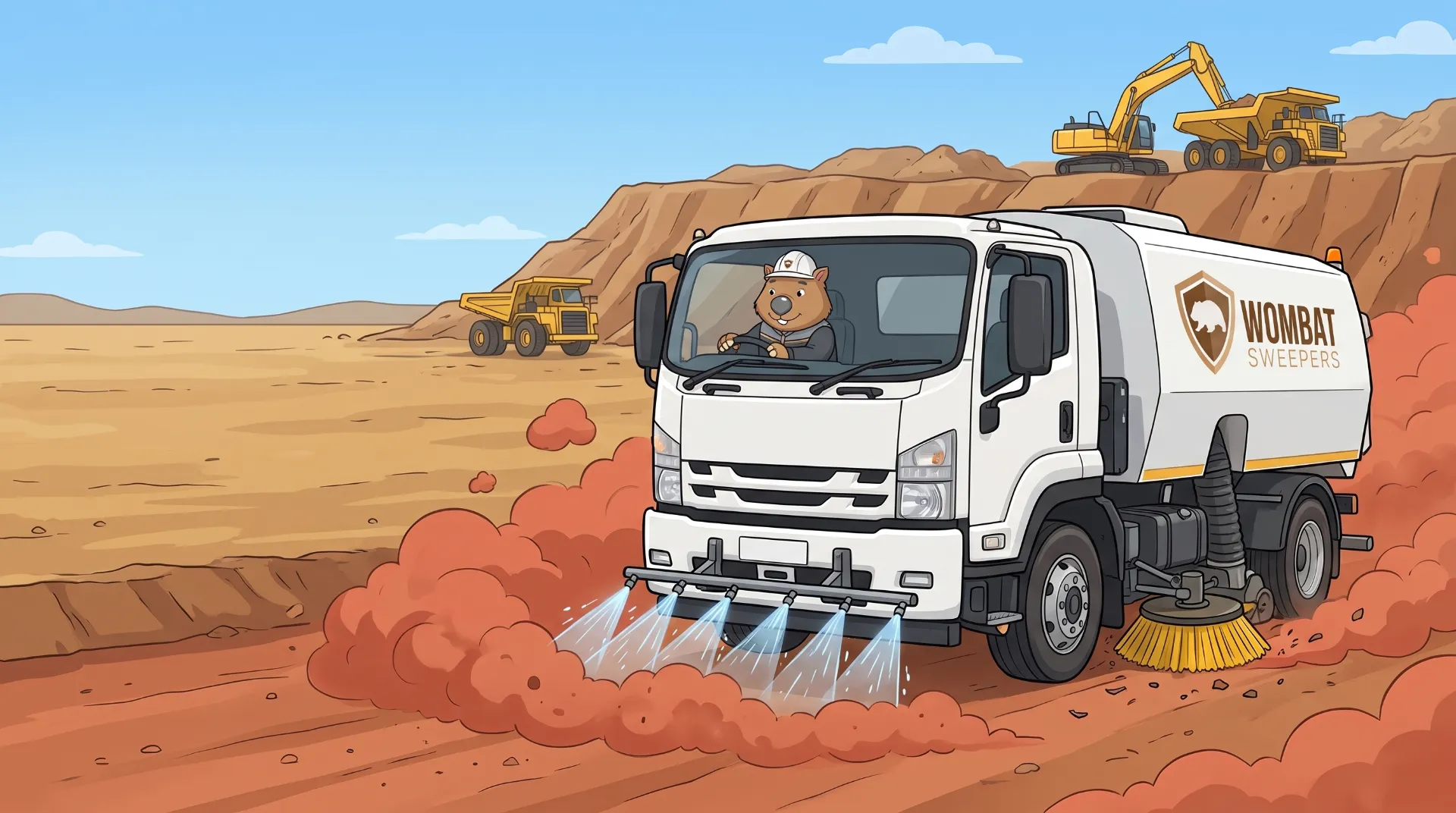 Wombat Sweepers mascot drives a branded street sweeper truck using its water spray bars to suppress dust while sweeping a dry construction haul road