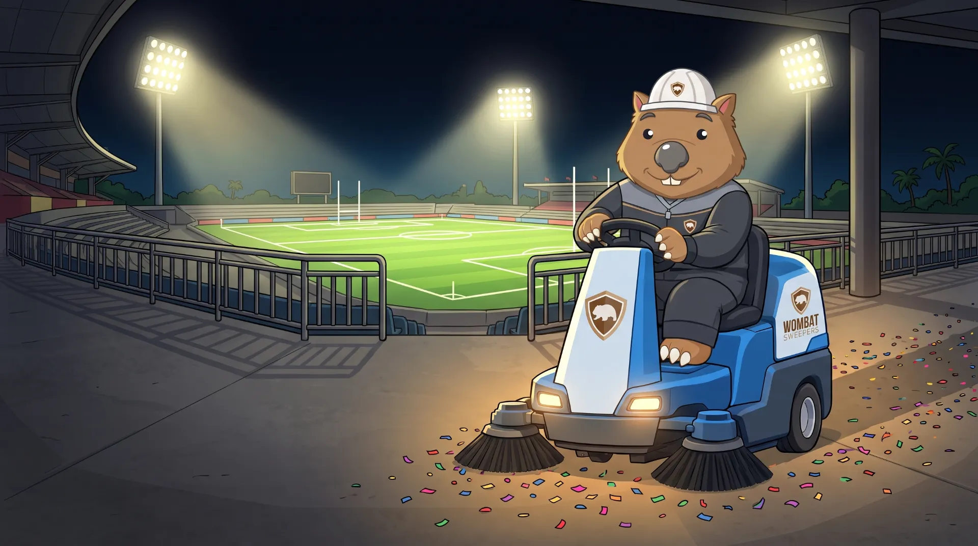 Wombat Sweepers mascot drives a ride-on floor scrubber across a stadium concourse at night after a game, confetti being cleared