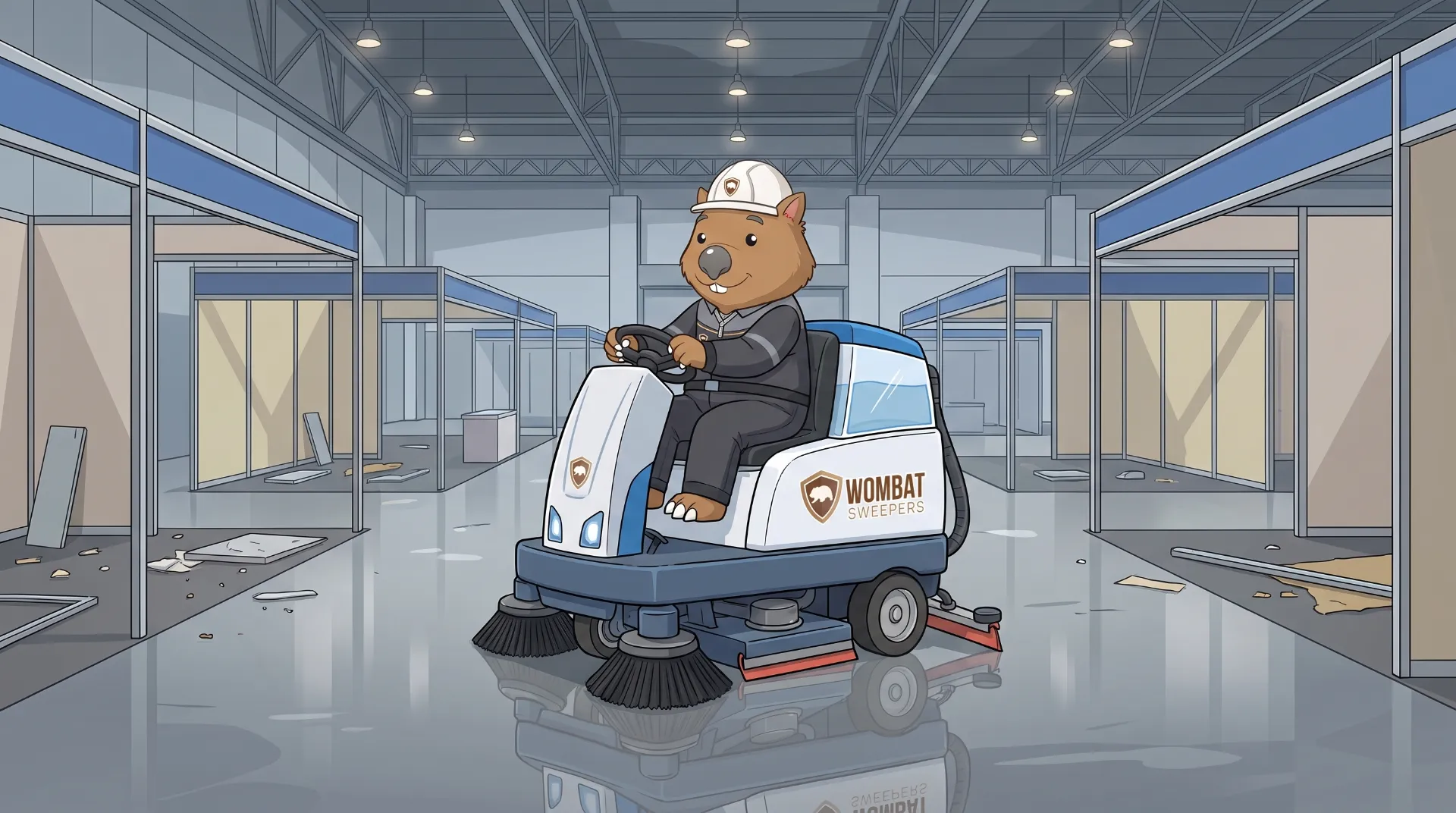 Wombat Sweepers mascot drives a ride-on sweeper through an exhibition hall between empty display booths
