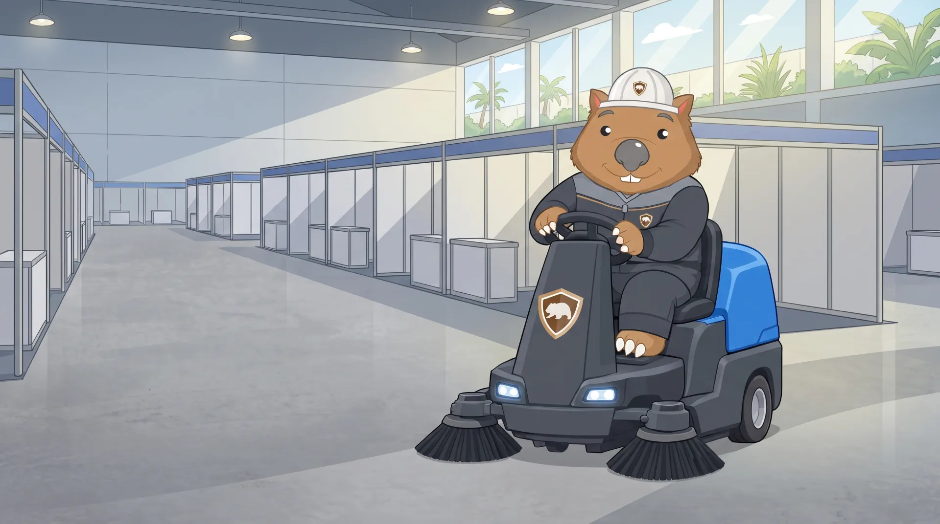 Wombat Sweepers mascot drives a ride-on sweeper across a vast exhibition centre hall between empty display booths after an event