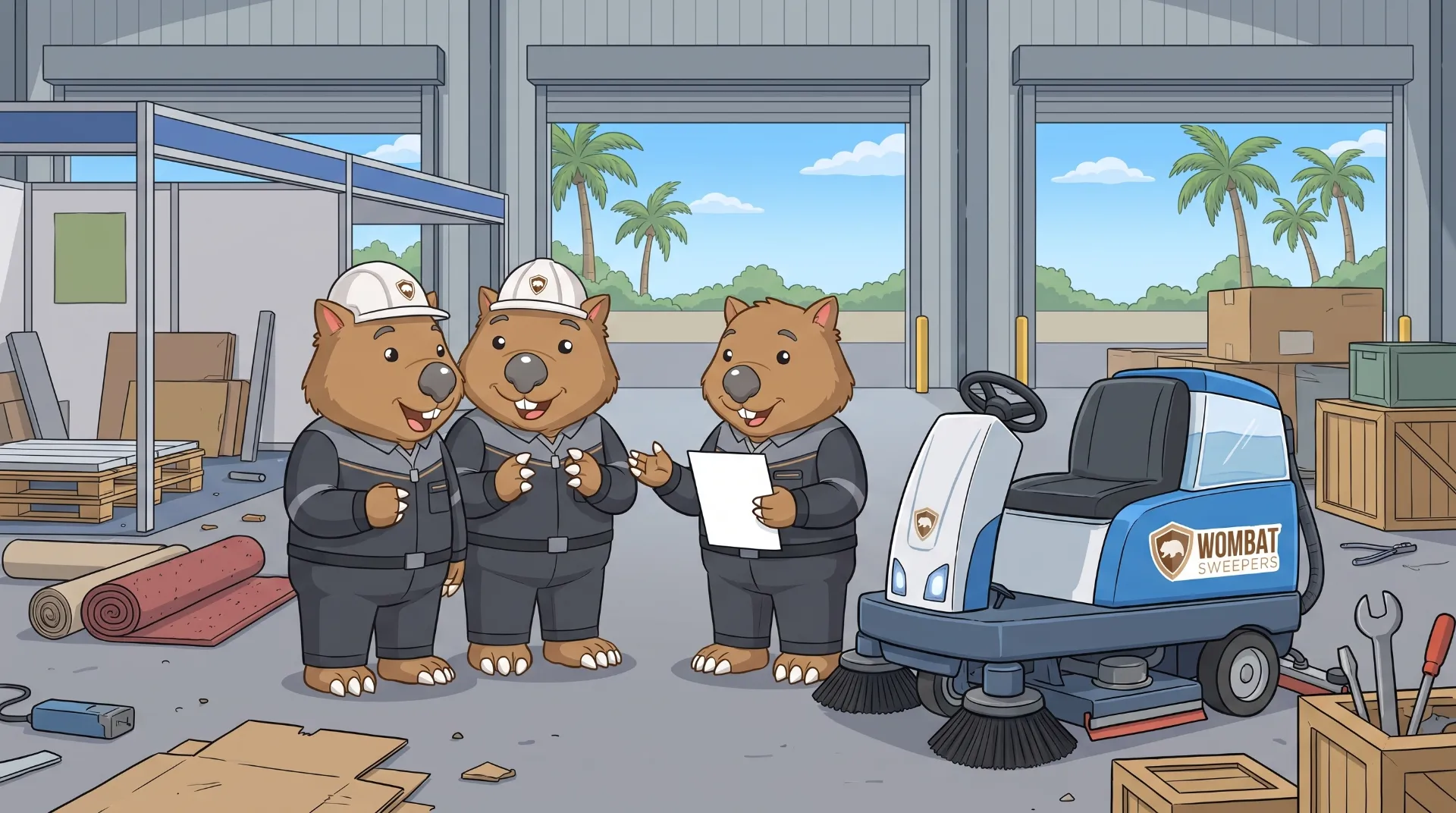 Wombat Sweepers mascot and a second identical wombat crew member chat beside their machine, one holding a clipboard