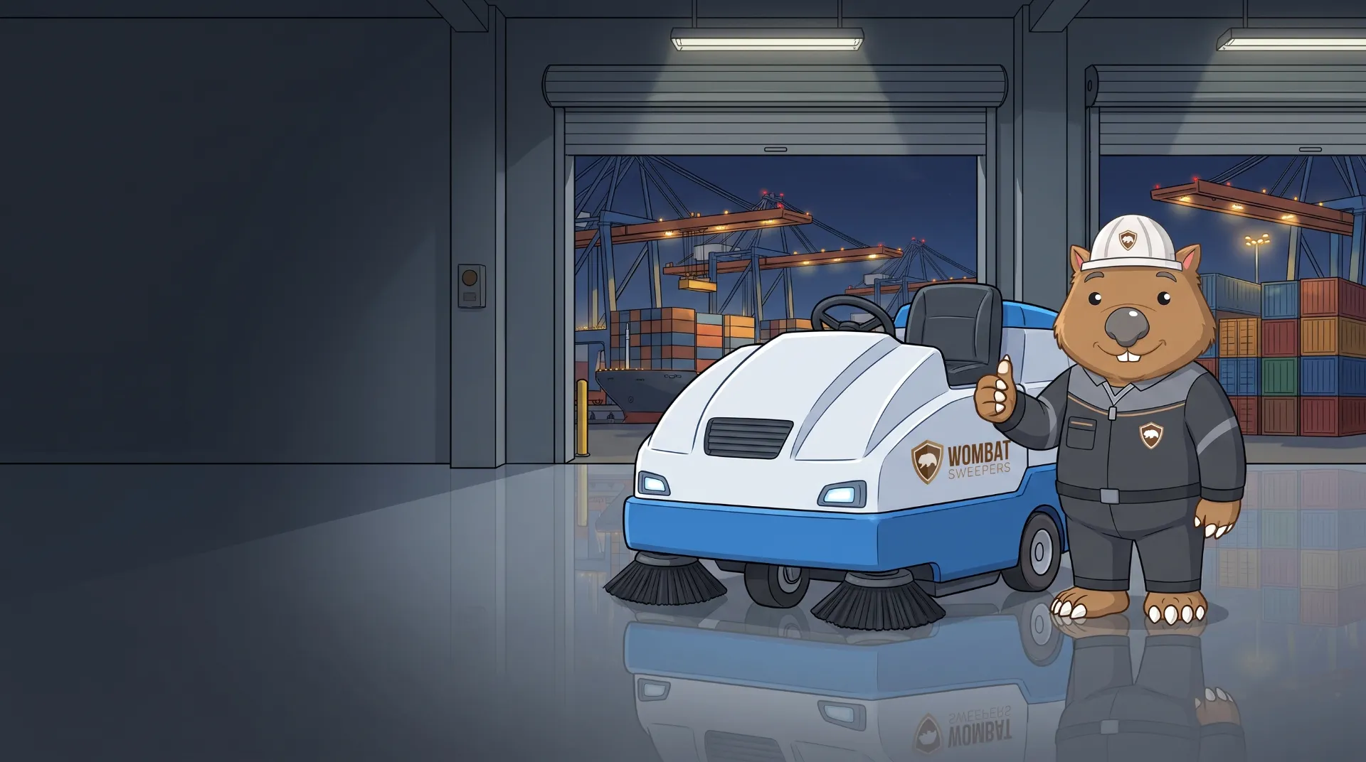Wombat Sweepers mascot gives a thumbs up beside a ride-on floor scrubber on a glossy, freshly scrubbed floor in a port-side distribution centre in Brisbane at night