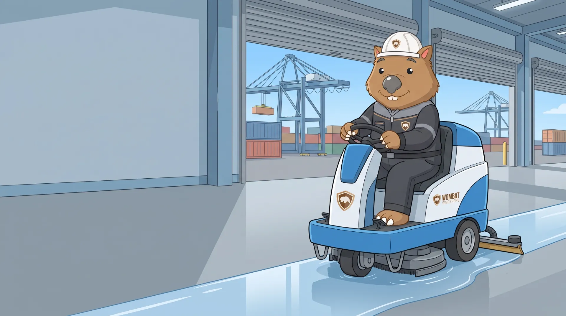Wombat Sweepers mascot drives a ride-on floor scrubber inside a port-side distribution centre with container cranes visible through open roller doors in Brisbane