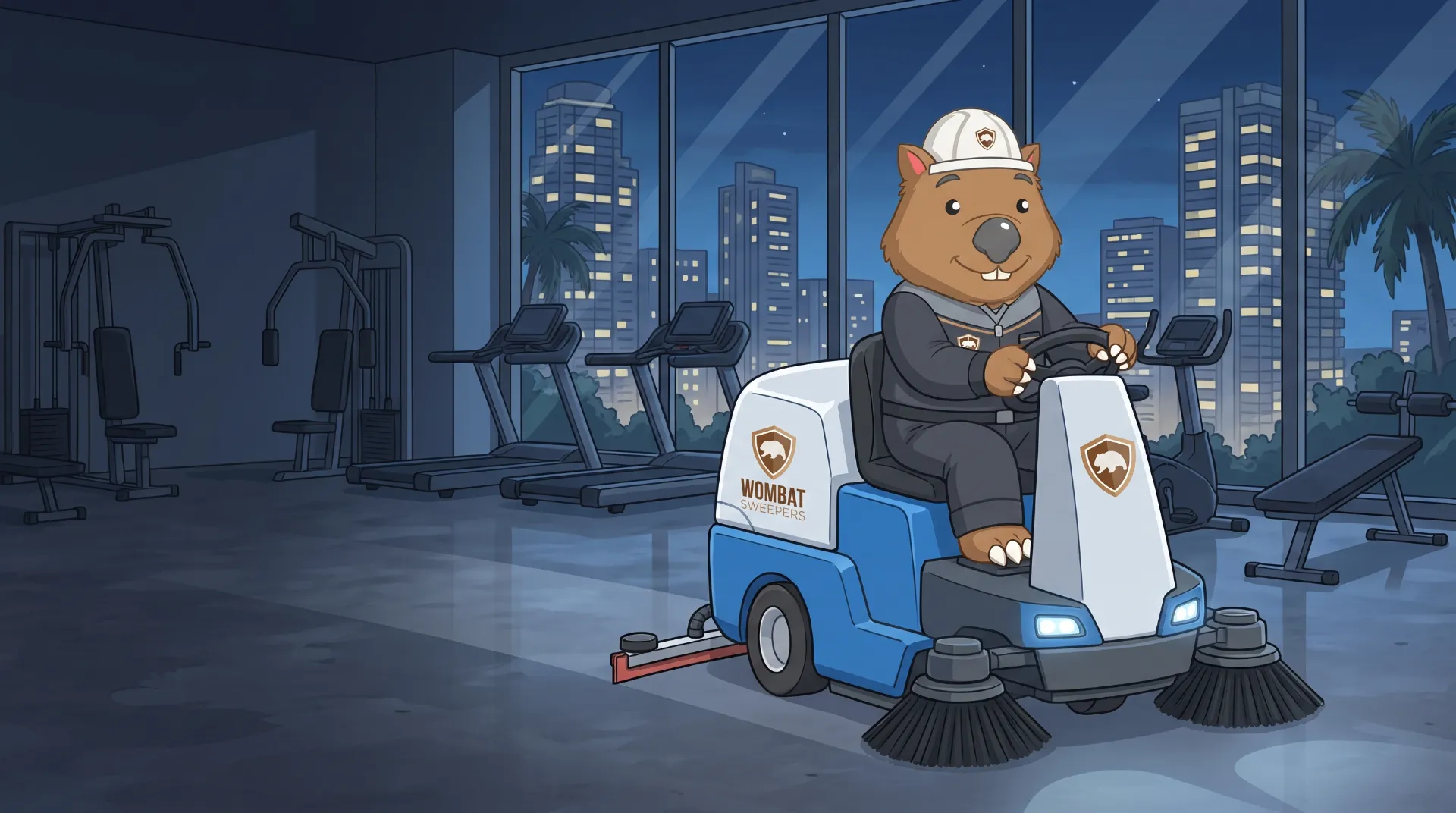 Wombat Sweepers mascot gives a thumbs up beside a ride-on floor scrubber on a glossy, freshly scrubbed floor in a convention centre back-of-house hall on the Gold Coast at night