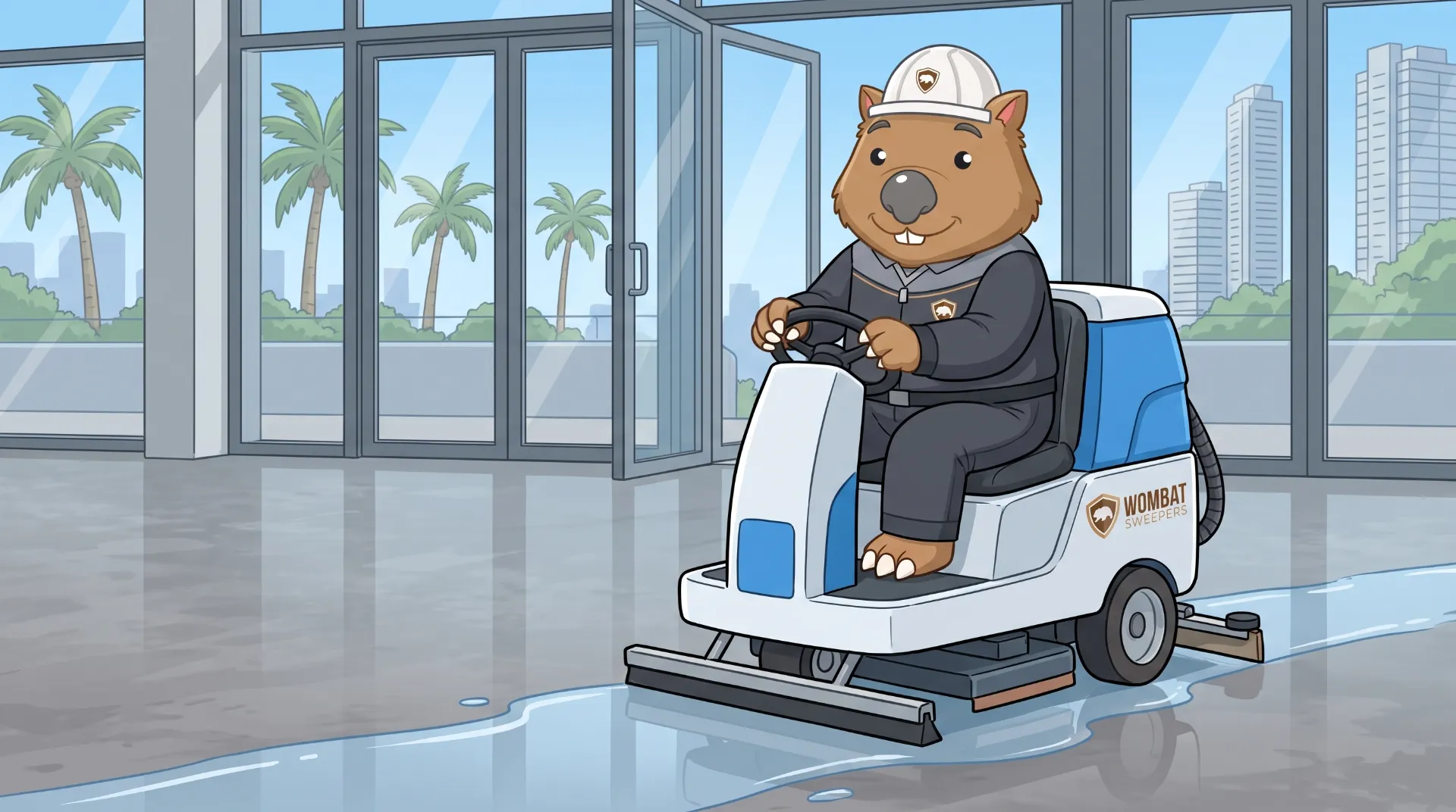 Wombat Sweepers mascot drives a ride-on floor scrubber inside the back-of-house hall of a large convention centre on the Gold Coast