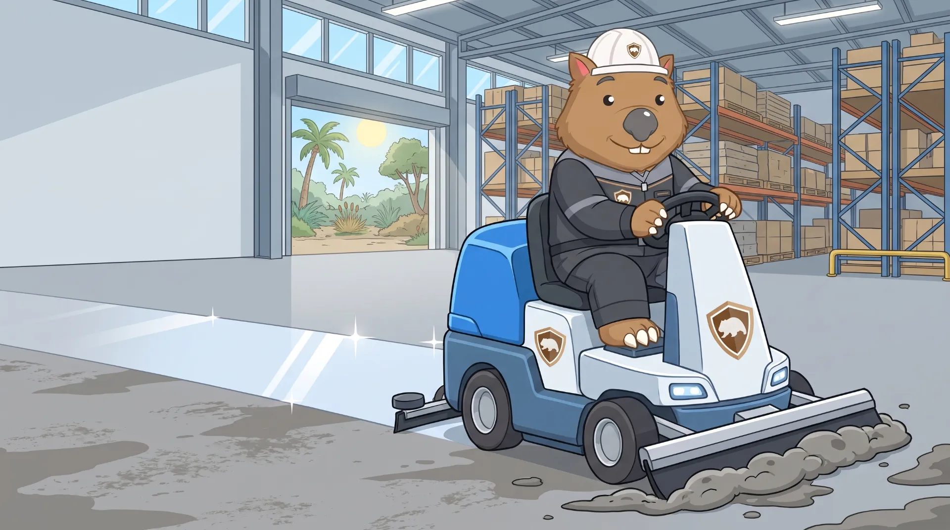 Wombat Sweepers mascot drives a ride-on floor scrubber lifting grey grime from a concrete warehouse floor, a striking before/after stripe