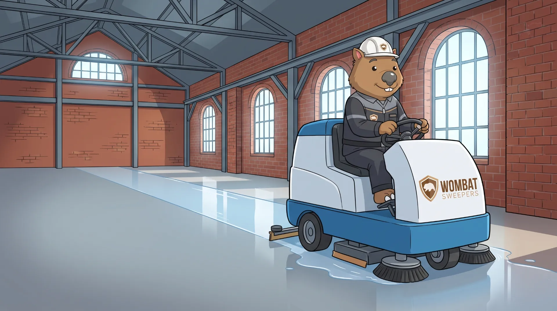 Wombat Sweepers mascot drives a ride-on floor scrubber inside a refurbished heritage rail workshop shed turned factory in Ipswich